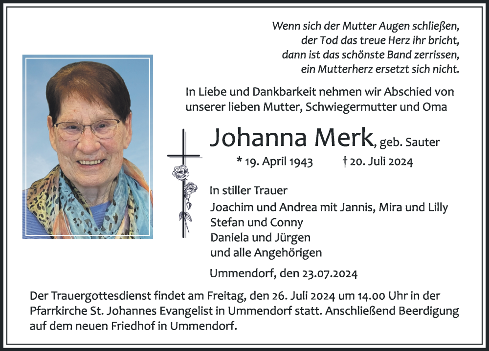  Traueranzeige für Johanna Merk vom 23.07.2024 aus Biberach