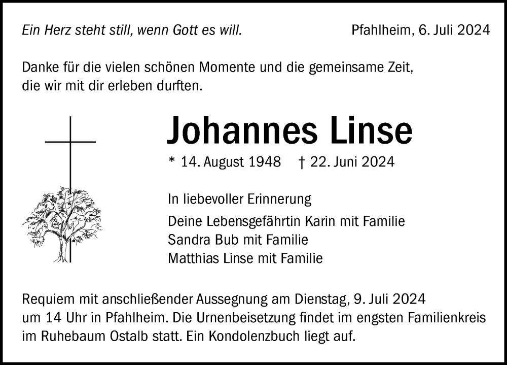  Traueranzeige für Johannes Linse vom 06.07.2024 aus Aalen /Ellwangen