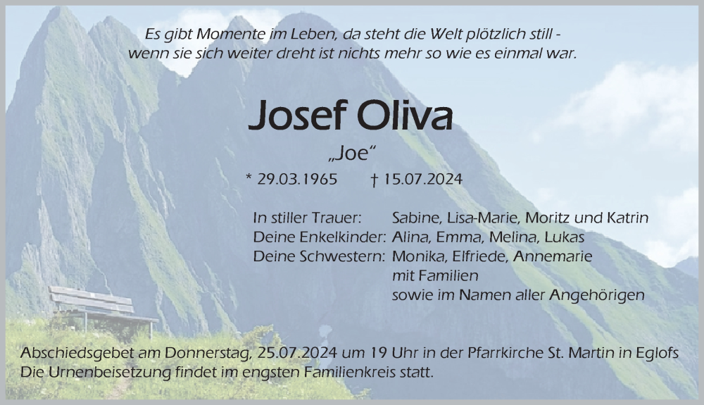  Traueranzeige für Josef Oliva vom 23.07.2024 aus Wangen