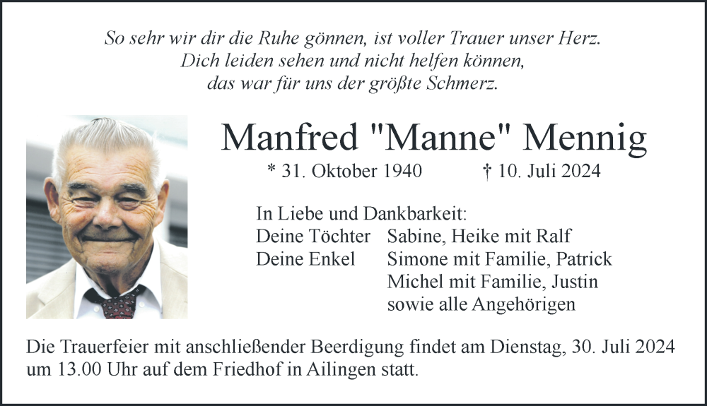  Traueranzeige für Manfred Mennig vom 20.07.2024 aus Friedrichshafen