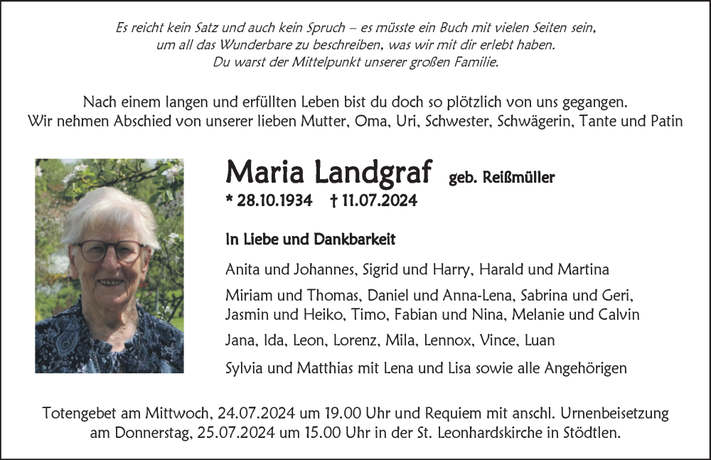  Traueranzeige für Maria Landgraf vom 23.07.2024 aus Aalen /Ellwangen