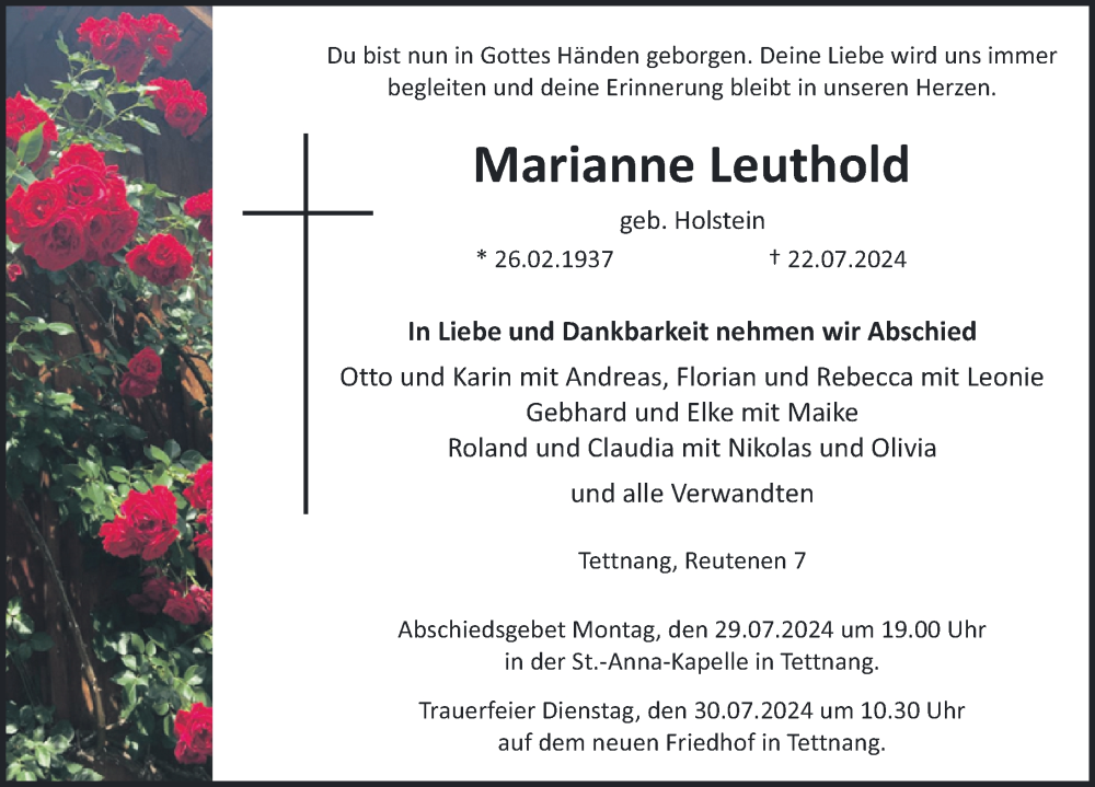  Traueranzeige für Marianne Leuthold vom 25.07.2024 aus Tettnang