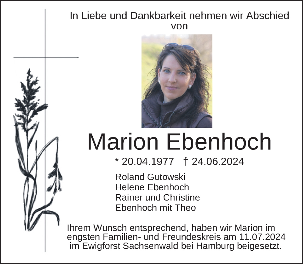  Traueranzeige für Marion Ebenhoch vom 13.07.2024 aus Leutkirch