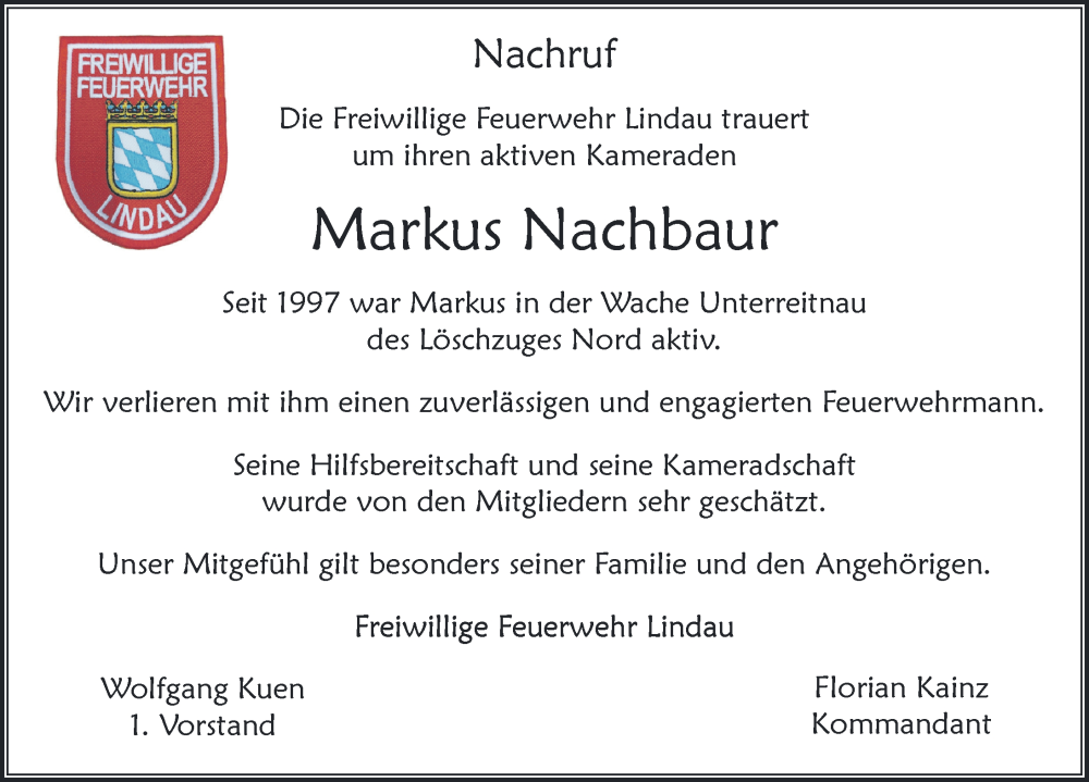  Traueranzeige für Markus Nachbaur vom 23.07.2024 aus Lindau