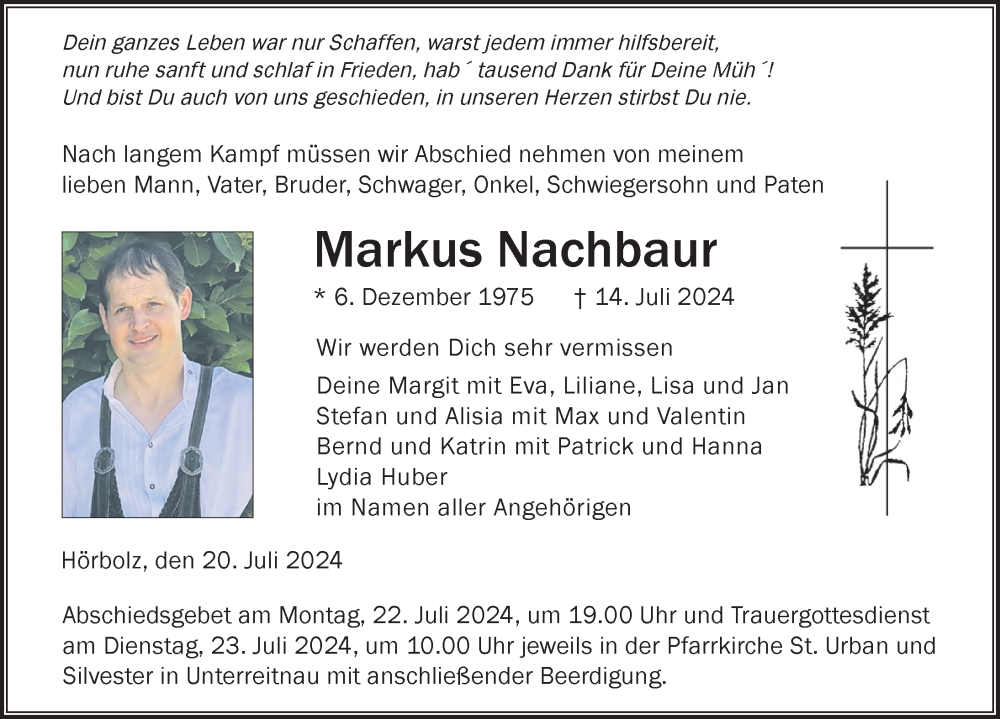  Traueranzeige für Markus Nachbaur vom 20.07.2024 aus Lindau