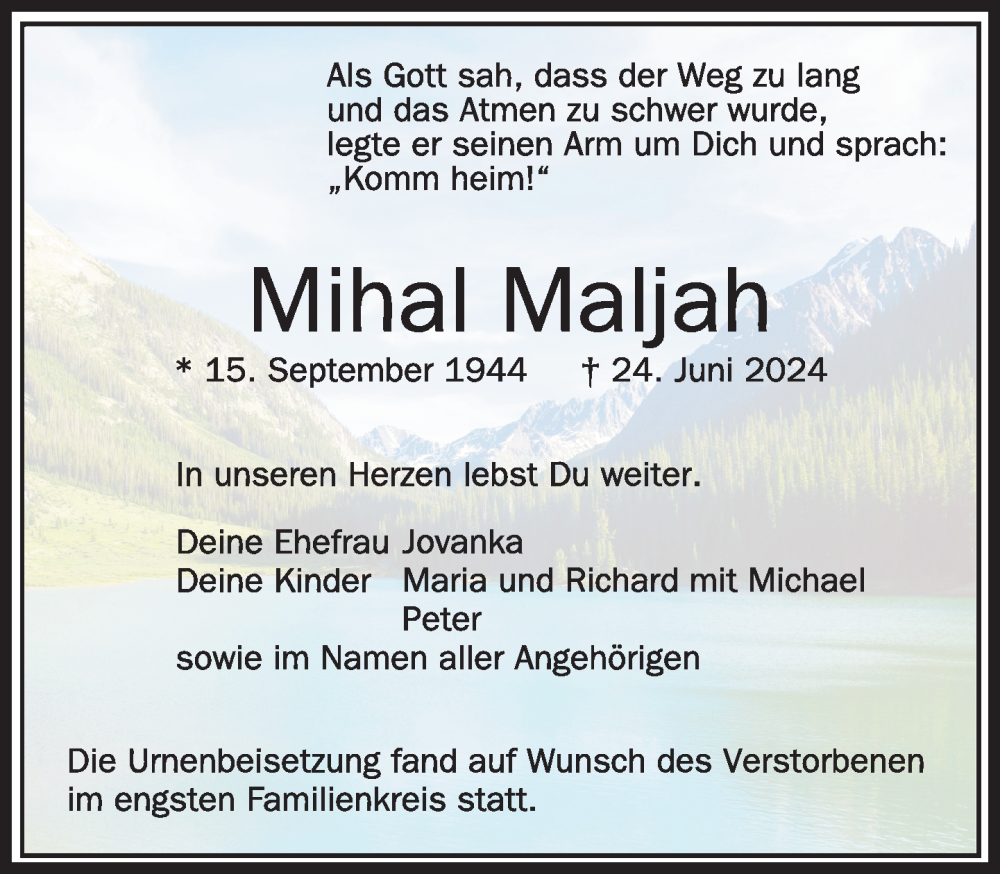  Traueranzeige für Mihal Maljah vom 06.07.2024 aus Leutkirch