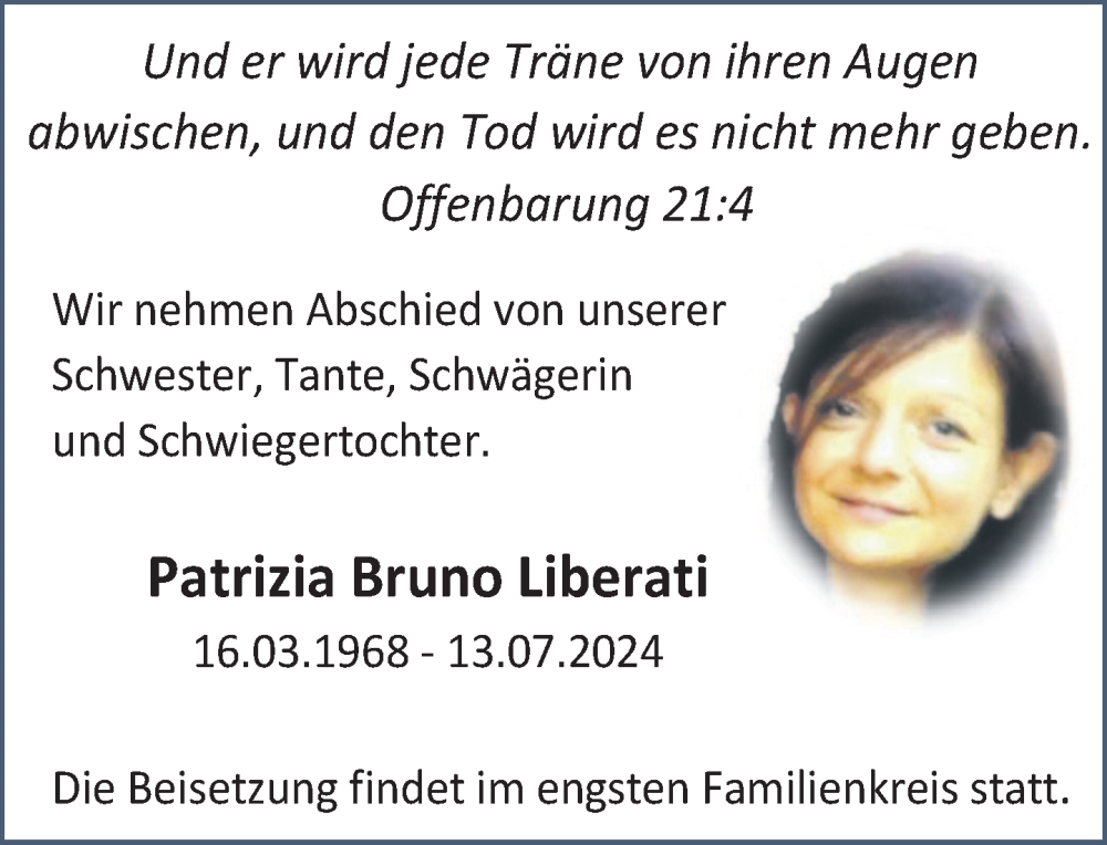  Traueranzeige für Patrizia Bruno Liberati vom 22.07.2024 aus Tuttlingen, Spaichingen, Trossingen