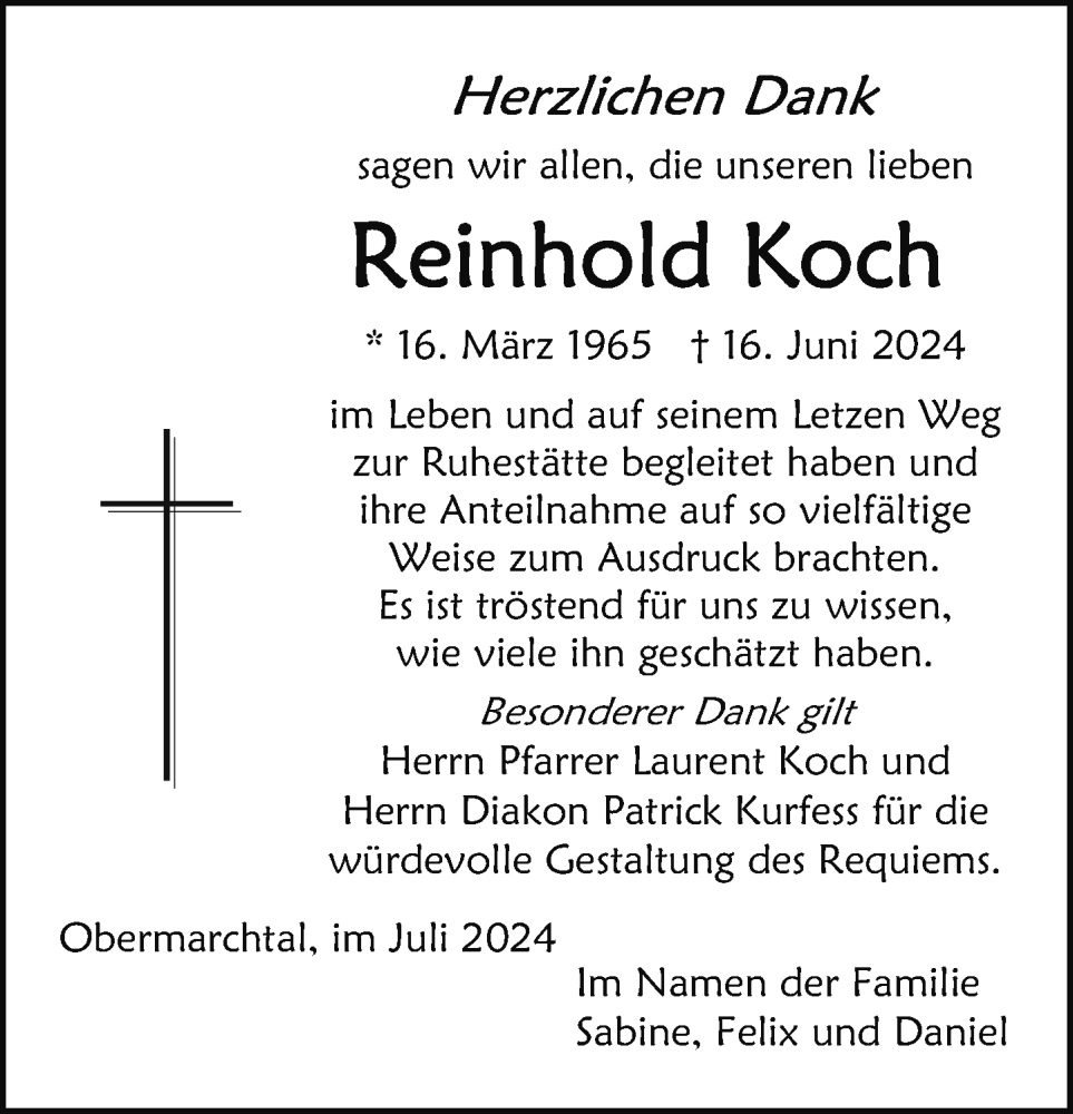  Traueranzeige für Reinhold Koch vom 27.07.2024 aus Ehingen