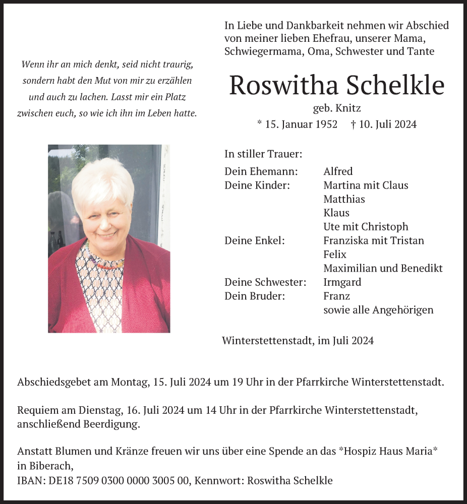  Traueranzeige für Roswitha Schelkle vom 13.07.2024 aus Bad Waldsee