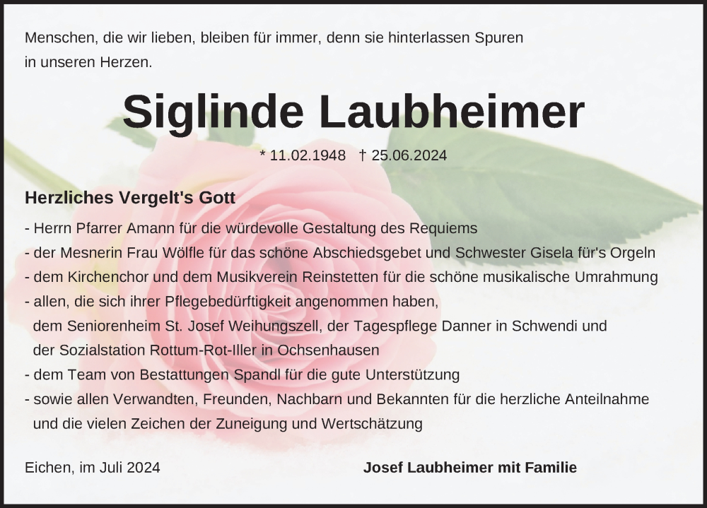  Traueranzeige für Siglinde Laubheimer vom 13.07.2024 aus Biberach