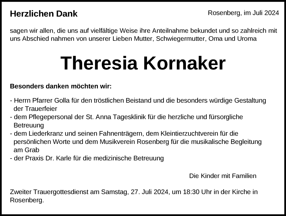  Traueranzeige für Theresia Kornaker vom 25.07.2024 aus Aalen /Ellwangen