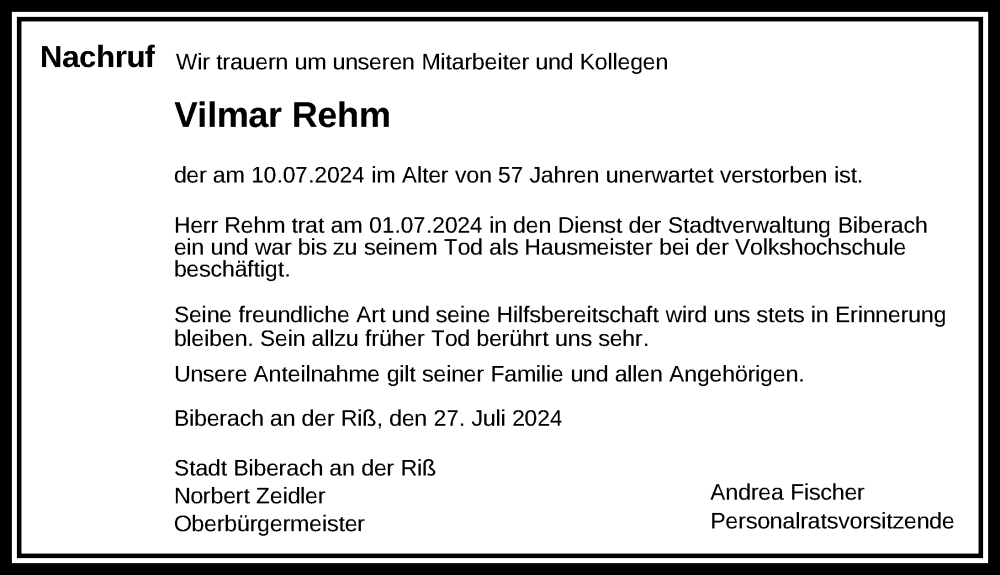  Traueranzeige für Vilmar Rehm vom 27.07.2024 aus Biberach