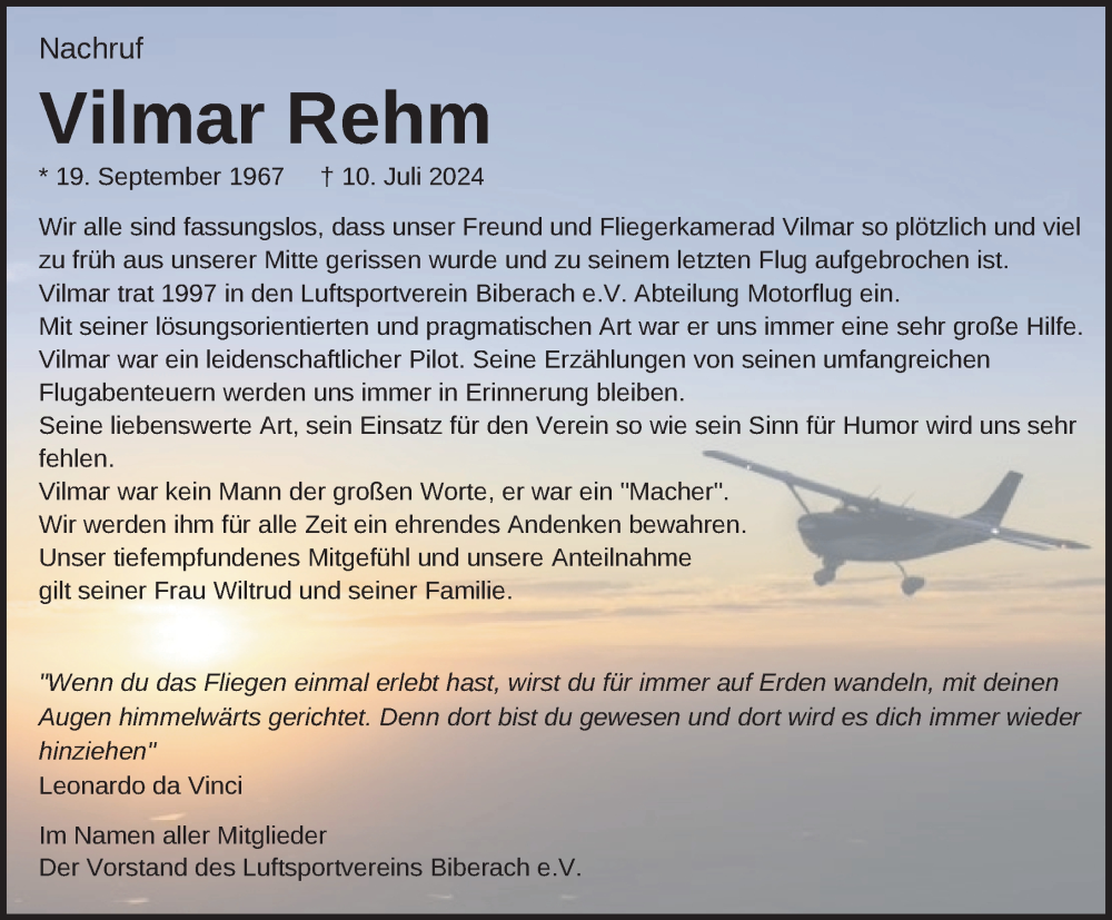  Traueranzeige für Vilmar Rehm vom 16.07.2024 aus Biberach