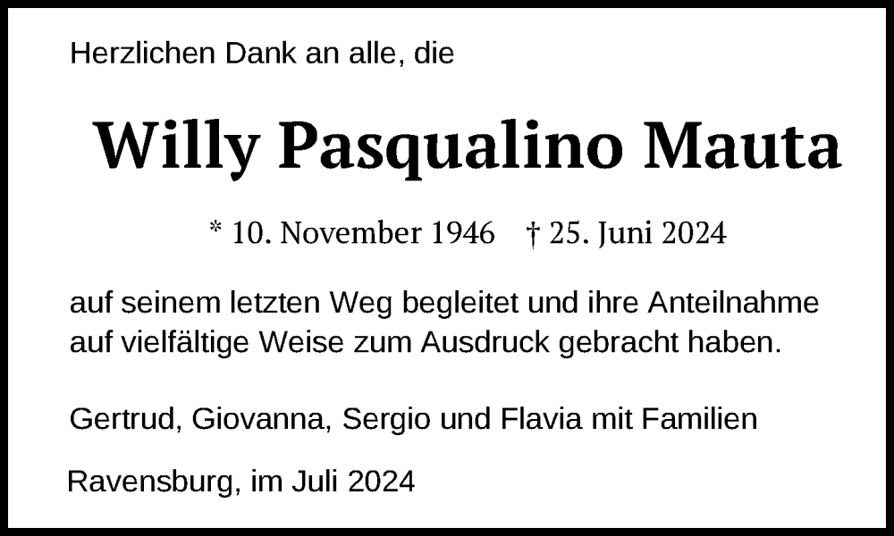  Traueranzeige für Willy Pasqualino Mauta vom 27.07.2024 aus Ravensburg