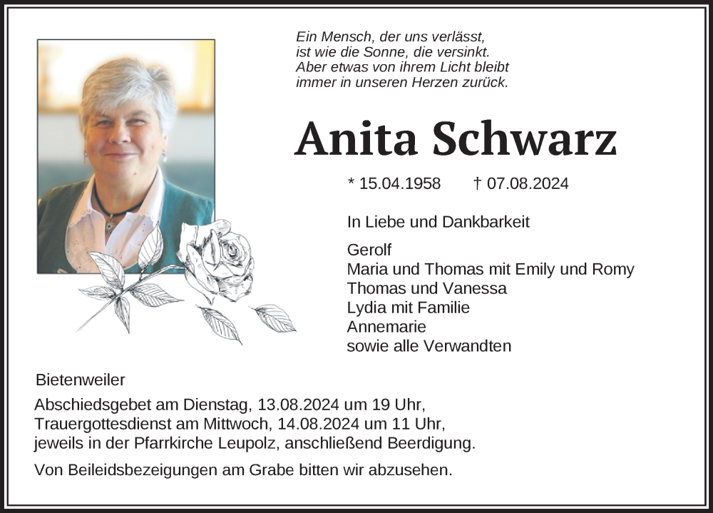  Traueranzeige für Anita Schwarz vom 12.08.2024 aus Wangen