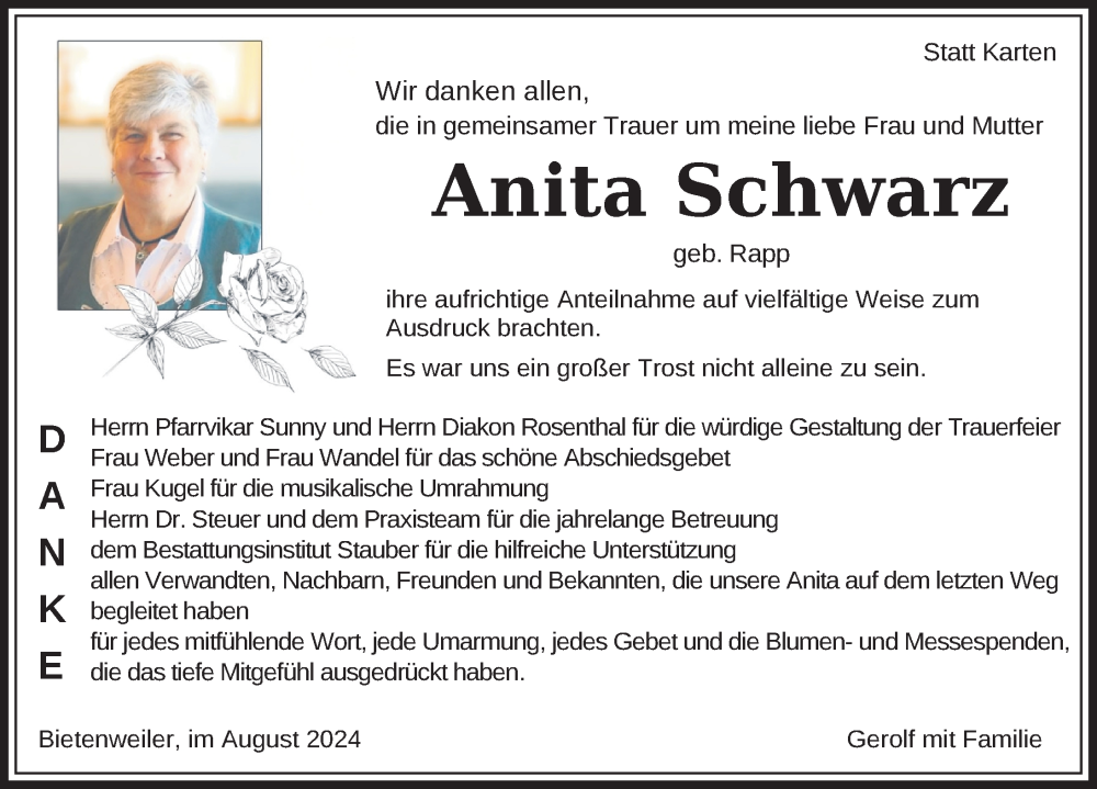  Traueranzeige für Anita Schwarz vom 28.08.2024 aus Wangen