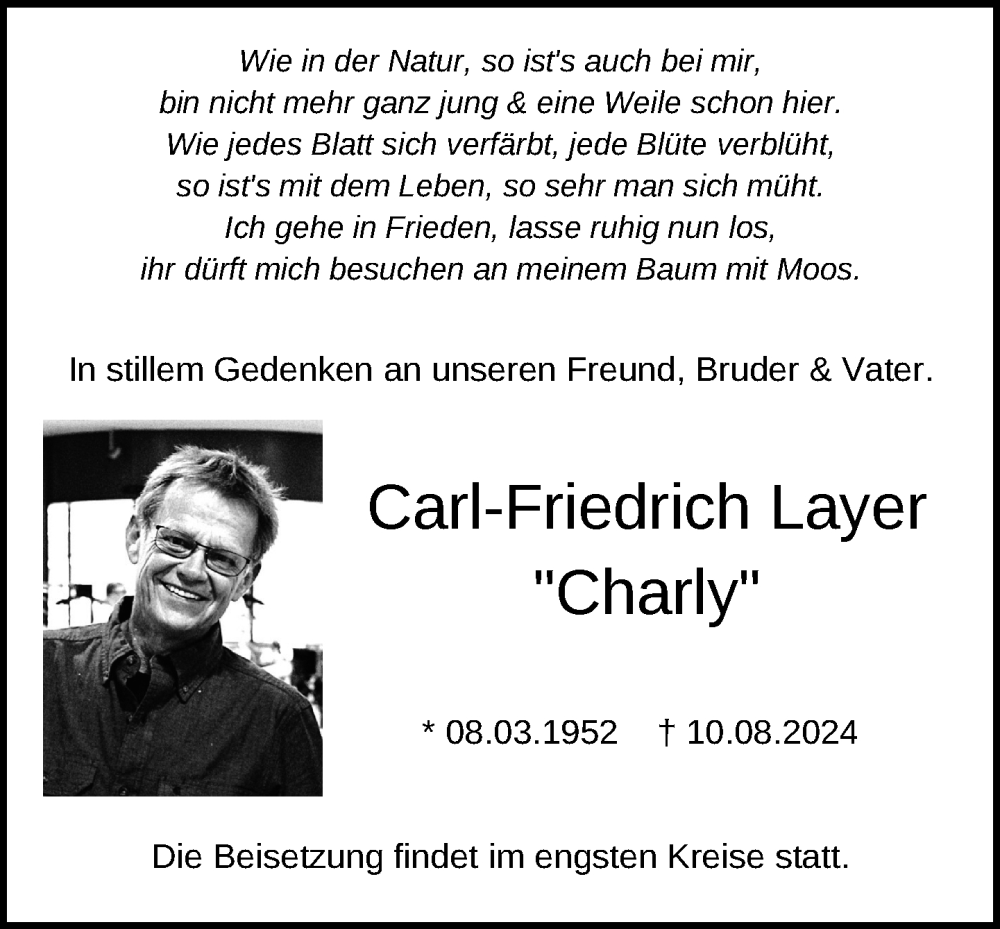  Traueranzeige für Carl-Friedrich Layer vom 24.08.2024 aus Tettnang