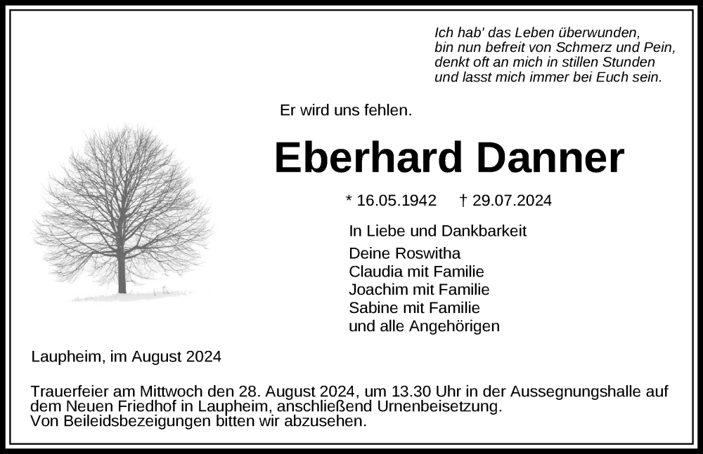  Traueranzeige für Eberhard Danner vom 24.08.2024 aus Laupheim