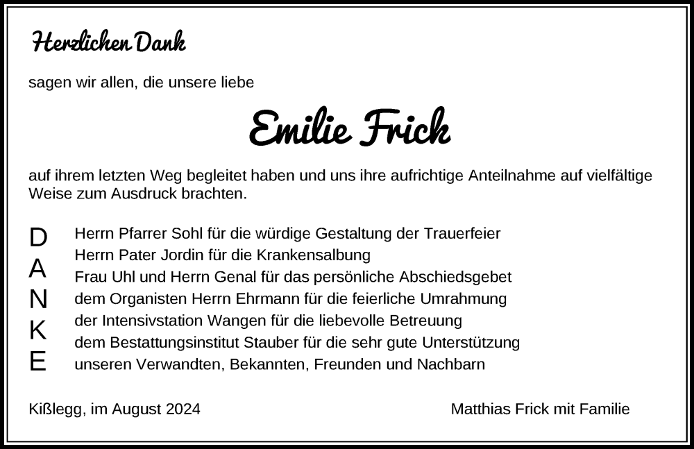  Traueranzeige für Emilie Frick vom 03.08.2024 aus Wangen