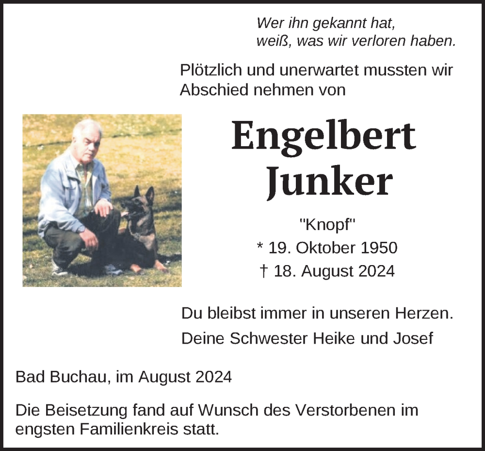  Traueranzeige für Engelbert Junker vom 31.08.2024 aus Riedlingen