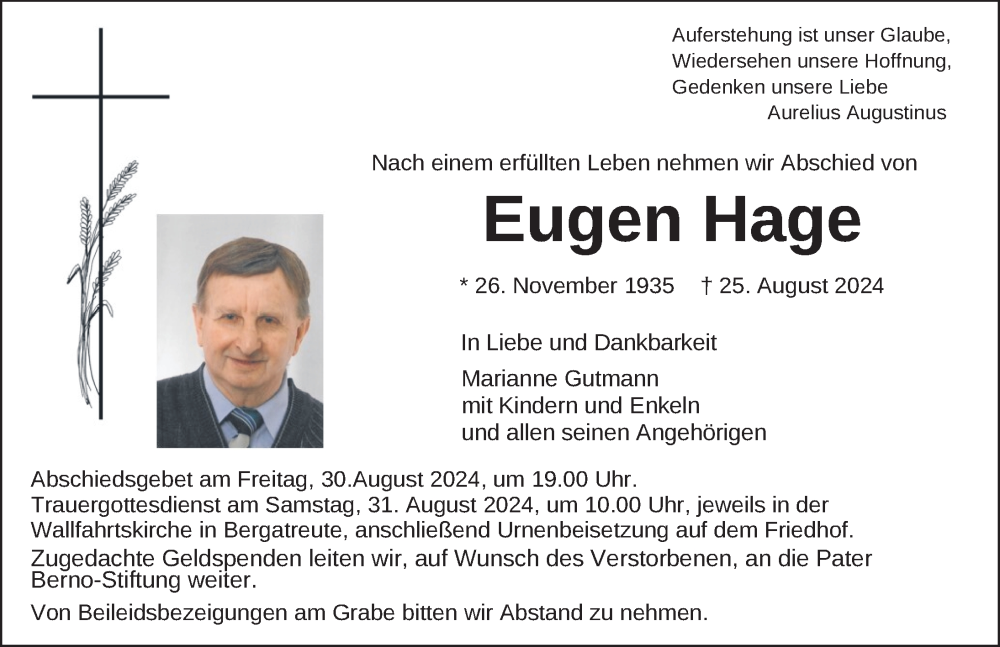  Traueranzeige für Eugen Hage vom 29.08.2024 aus Ravensburg