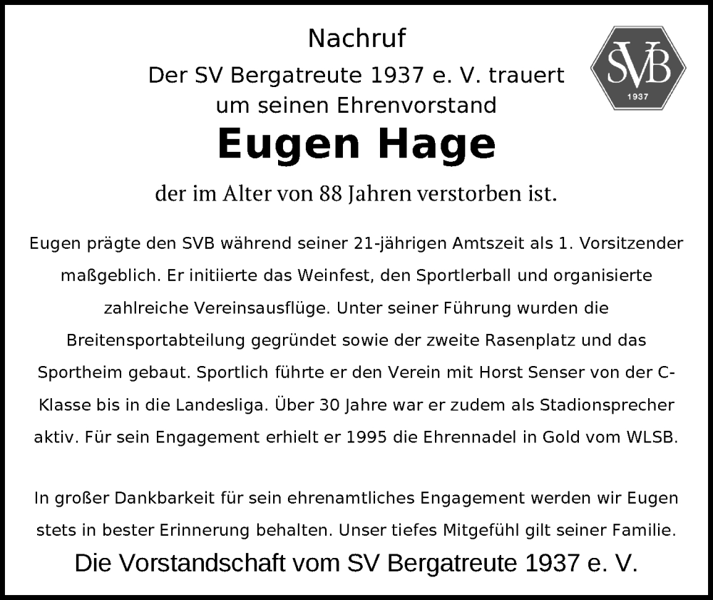  Traueranzeige für Eugen Hage vom 31.08.2024 aus Ravensburg