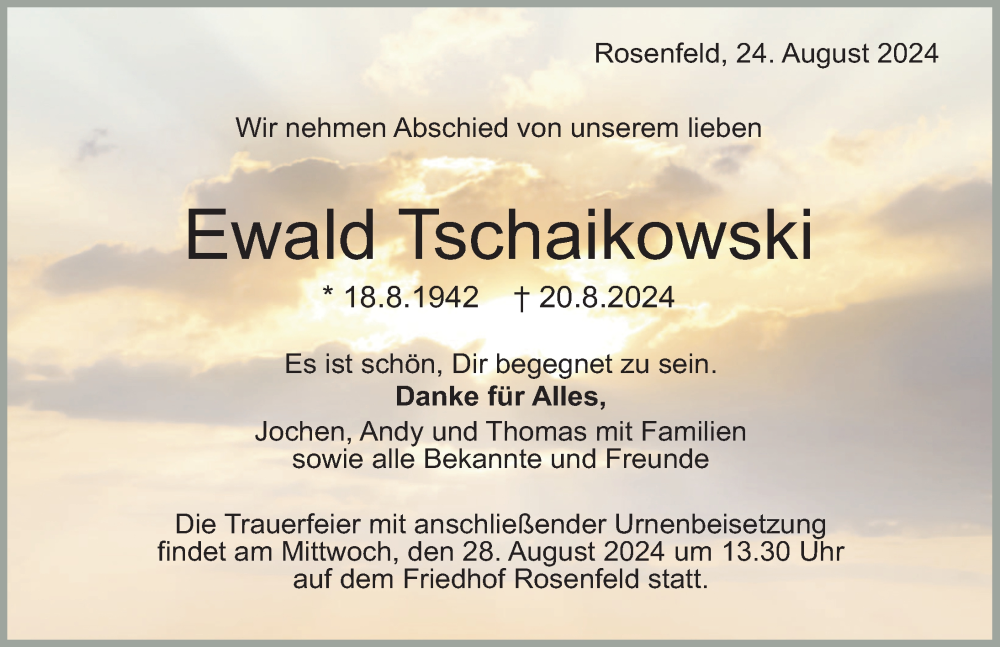  Traueranzeige für Ewald Tschaikowski vom 24.08.2024 aus Balingen