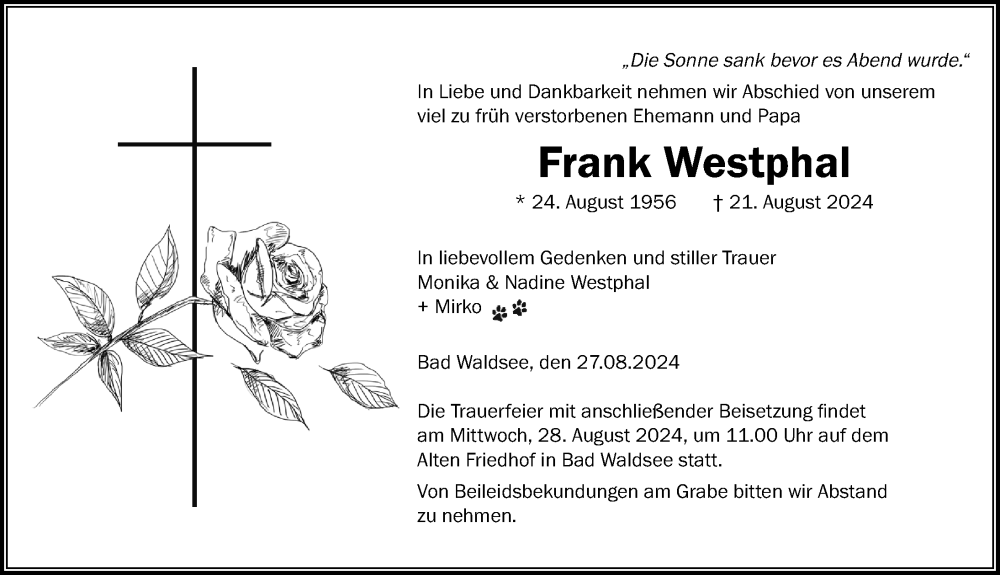  Traueranzeige für Frank Westphal vom 27.08.2024 aus Bad Waldsee