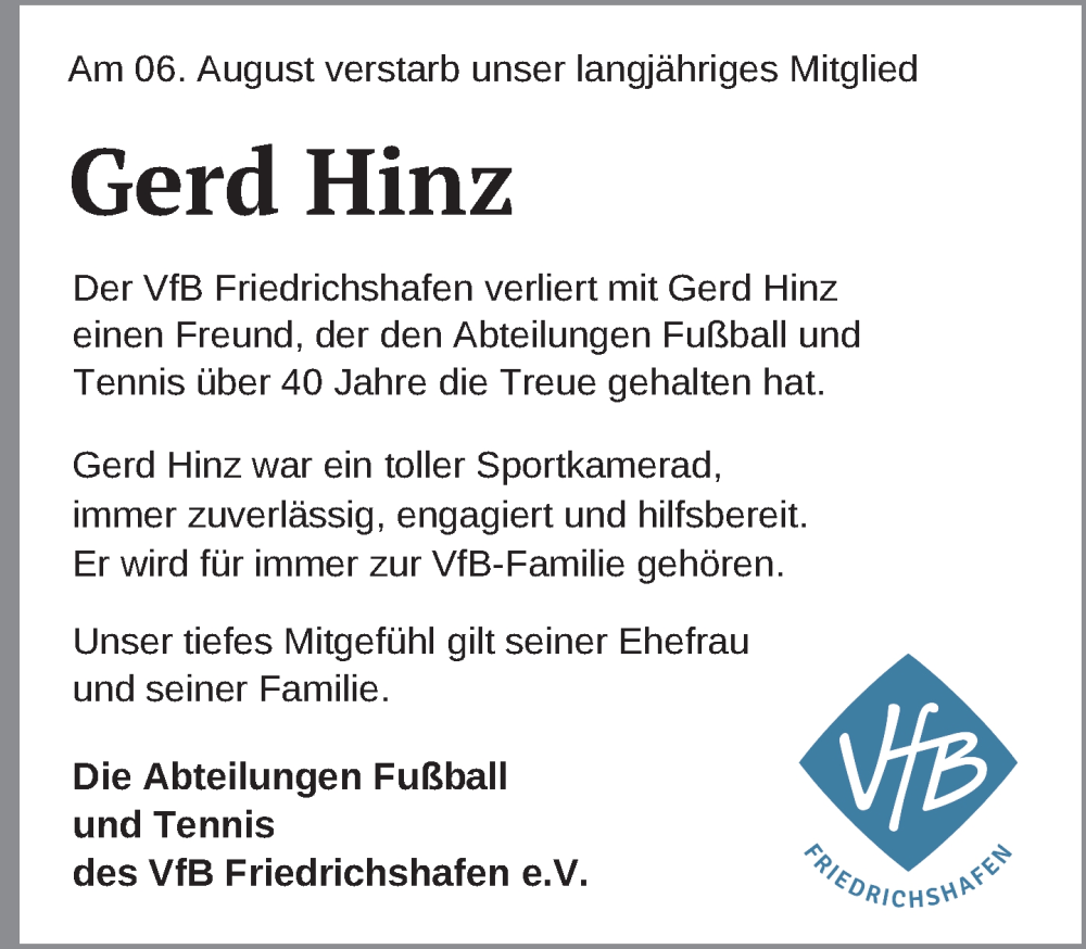  Traueranzeige für Gerd Hinz vom 24.08.2024 aus Friedrichshafen