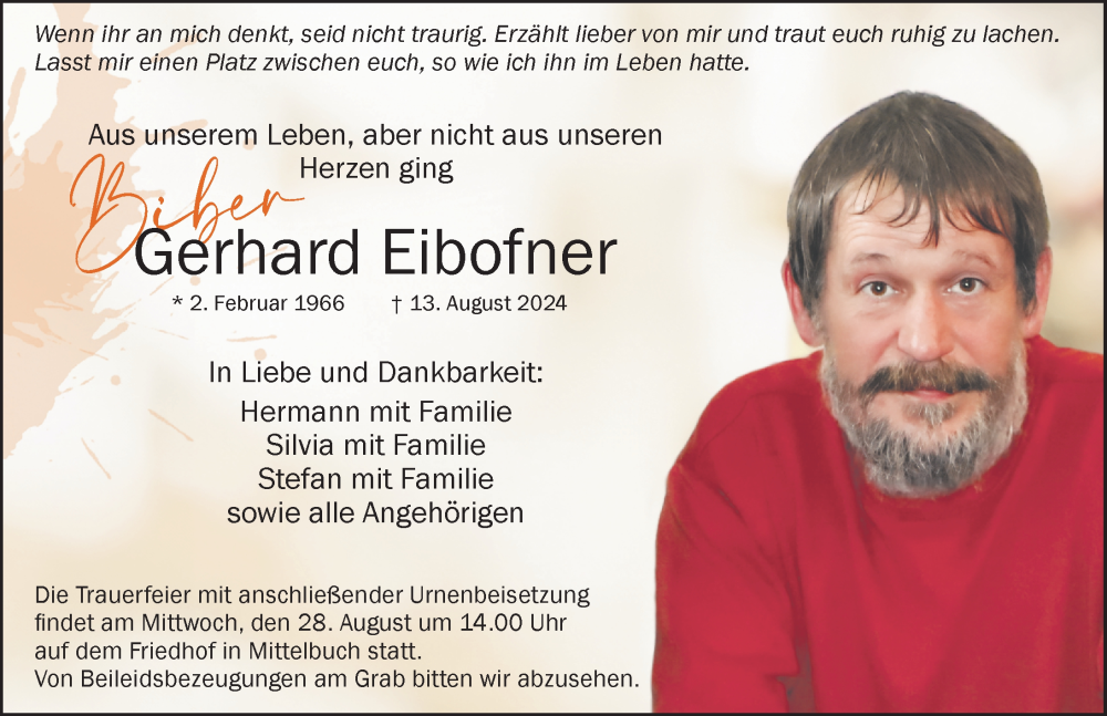  Traueranzeige für Gerhard Eibofner vom 24.08.2024 aus Biberach