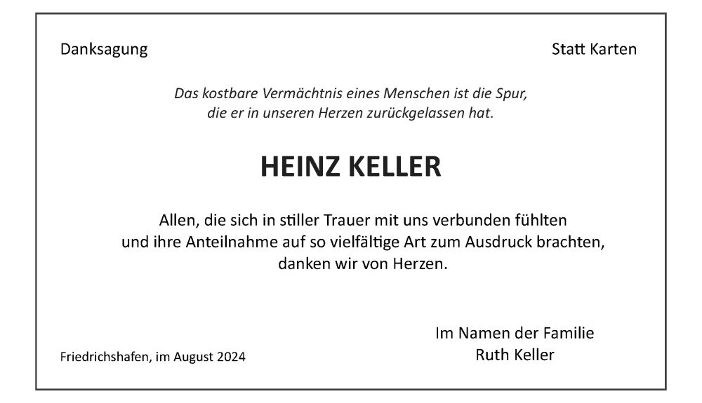  Traueranzeige für Heinz Keller vom 09.08.2024 aus Friedrichshafen