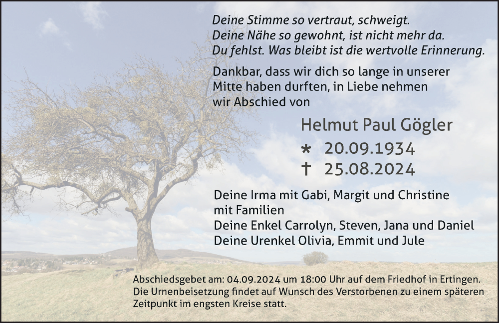  Traueranzeige für Helmut Paul Gögler vom 31.08.2024 aus Riedlingen