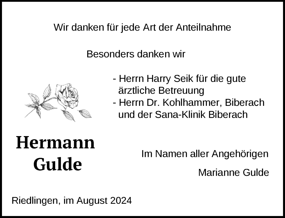  Traueranzeige für Hermann Gulde vom 10.08.2024 aus Riedlingen