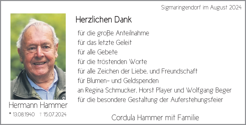  Traueranzeige für Hermann Hammer vom 10.08.2024 aus Sigmaringen