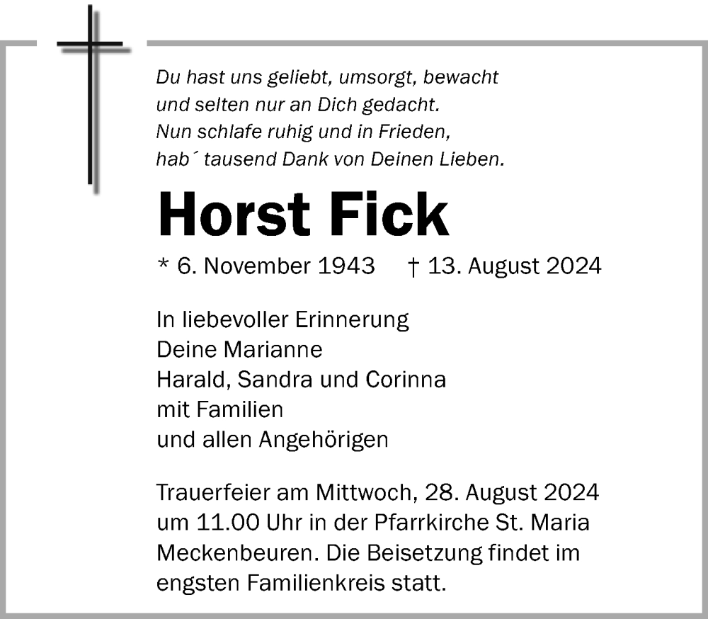  Traueranzeige für Horst Fick vom 24.08.2024 aus Tettnang