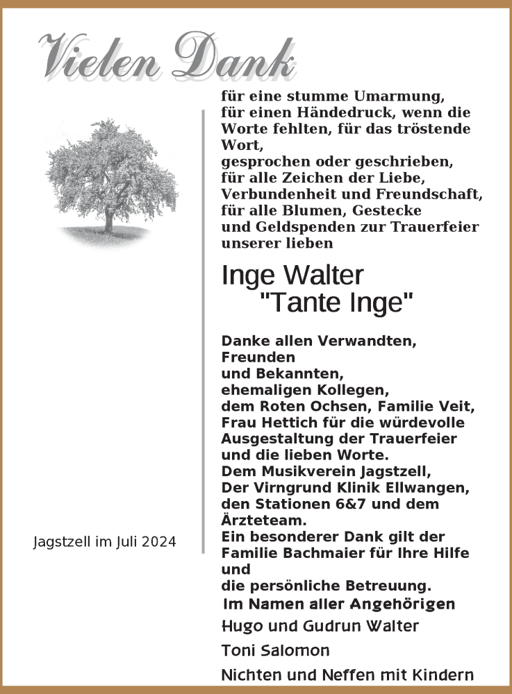  Traueranzeige für Inge Walter vom 03.08.2024 aus Aalen /Ellwangen