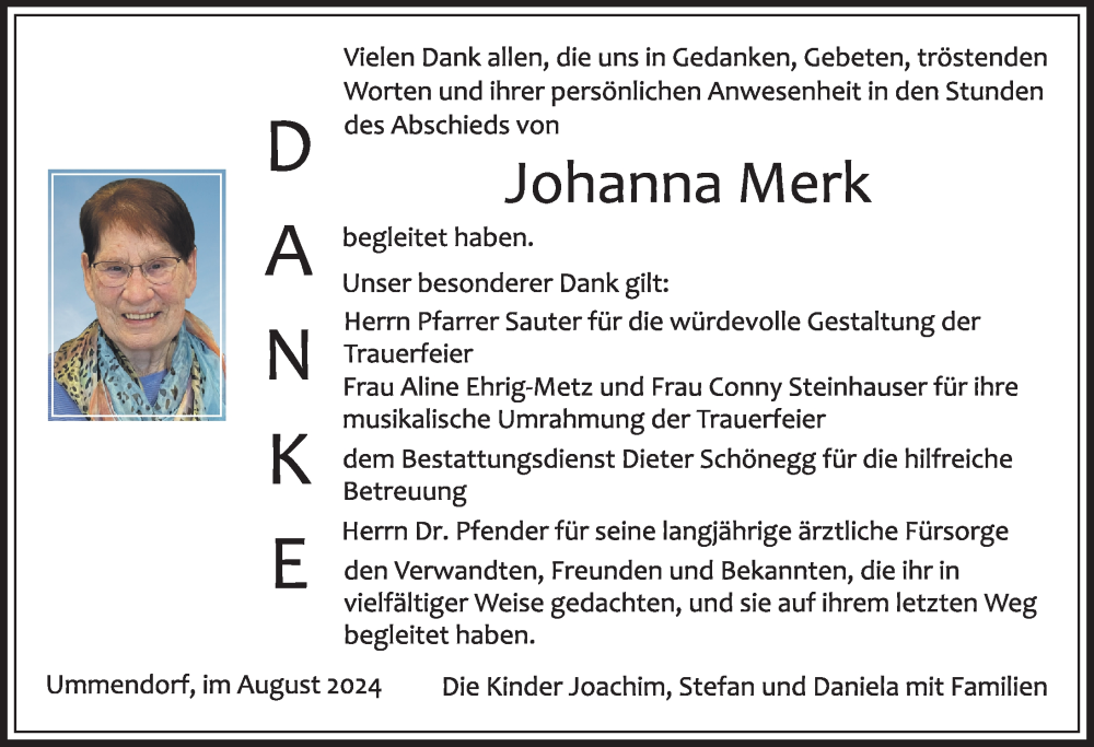  Traueranzeige für Johanna Merk vom 03.08.2024 aus Biberach