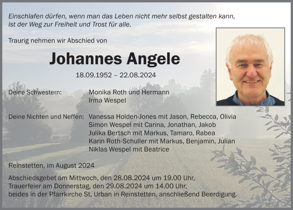  Traueranzeige für Johannes Angele vom 24.08.2024 aus Biberach