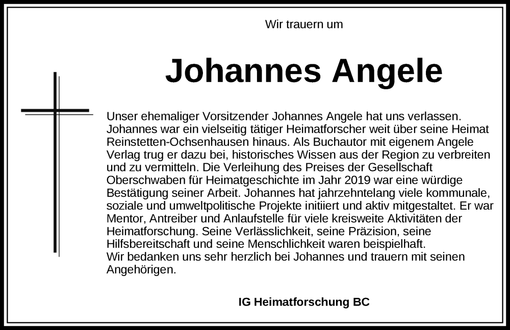  Traueranzeige für Johannes Angele vom 28.08.2024 aus Biberach