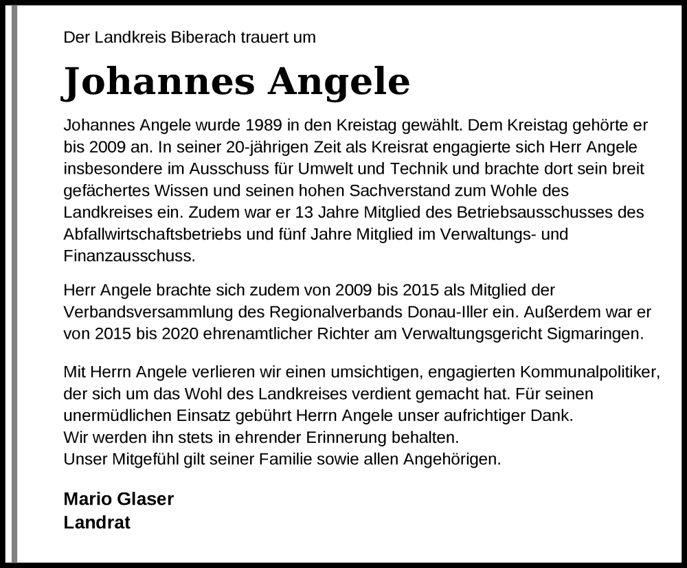  Traueranzeige für Johannes Angele vom 27.08.2024 aus Biberach