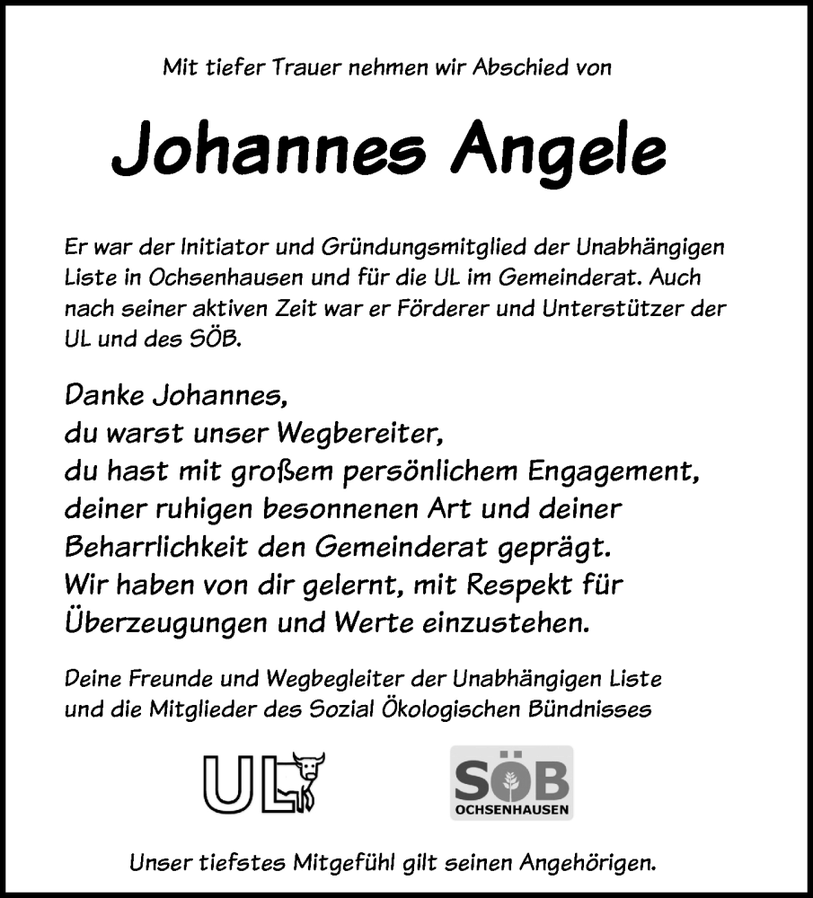  Traueranzeige für Johannes Angele vom 31.08.2024 aus Biberach