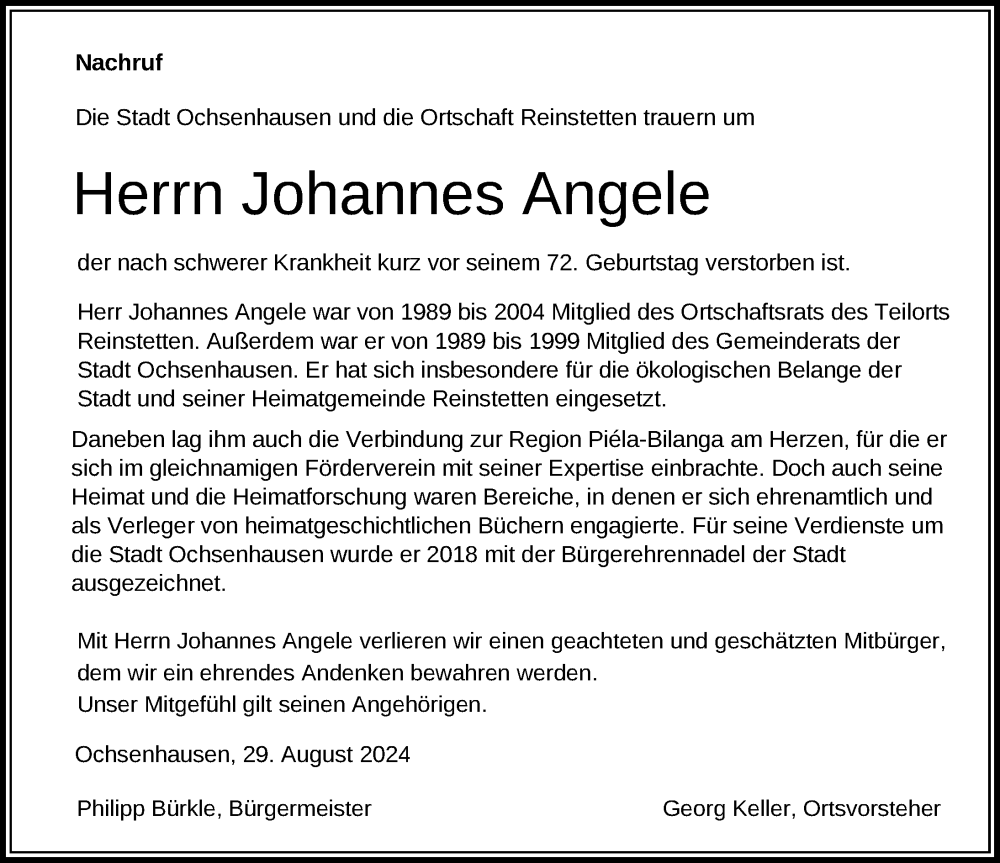  Traueranzeige für Johannes Angele vom 29.08.2024 aus Biberach