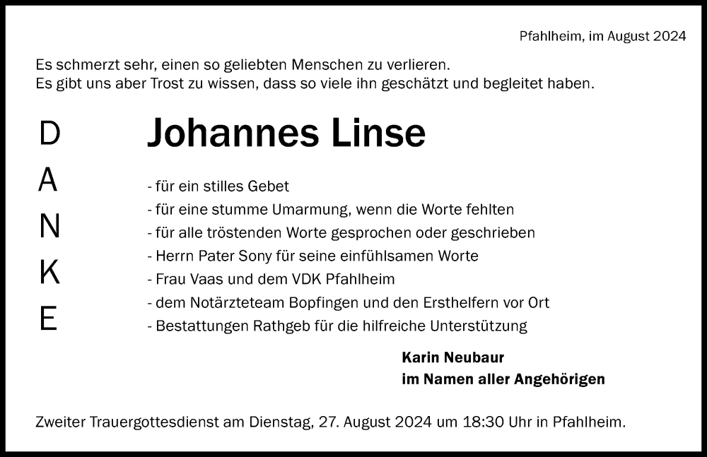  Traueranzeige für Johannes Linse vom 24.08.2024 aus Aalen /Ellwangen