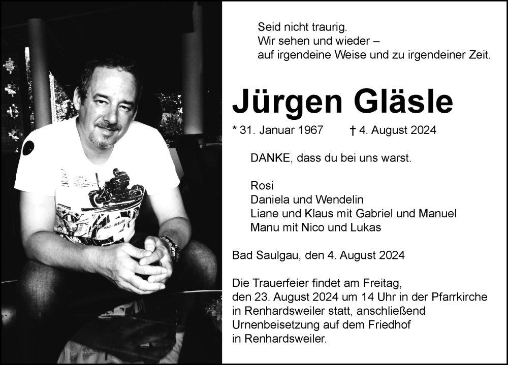  Traueranzeige für Jürgen Gläsle vom 17.08.2024 aus Bad Saulgau