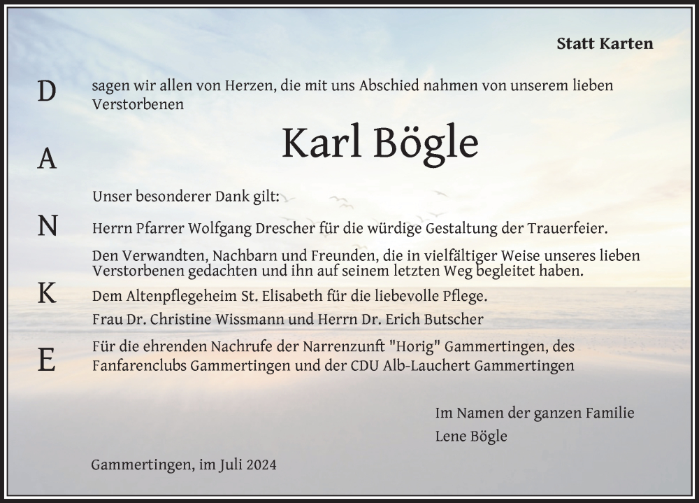  Traueranzeige für Karl Bögle vom 03.08.2024 aus Sigmaringen