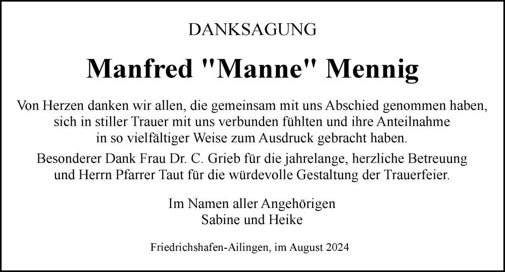  Traueranzeige für Manfred Mennig vom 17.08.2024 aus Friedrichshafen