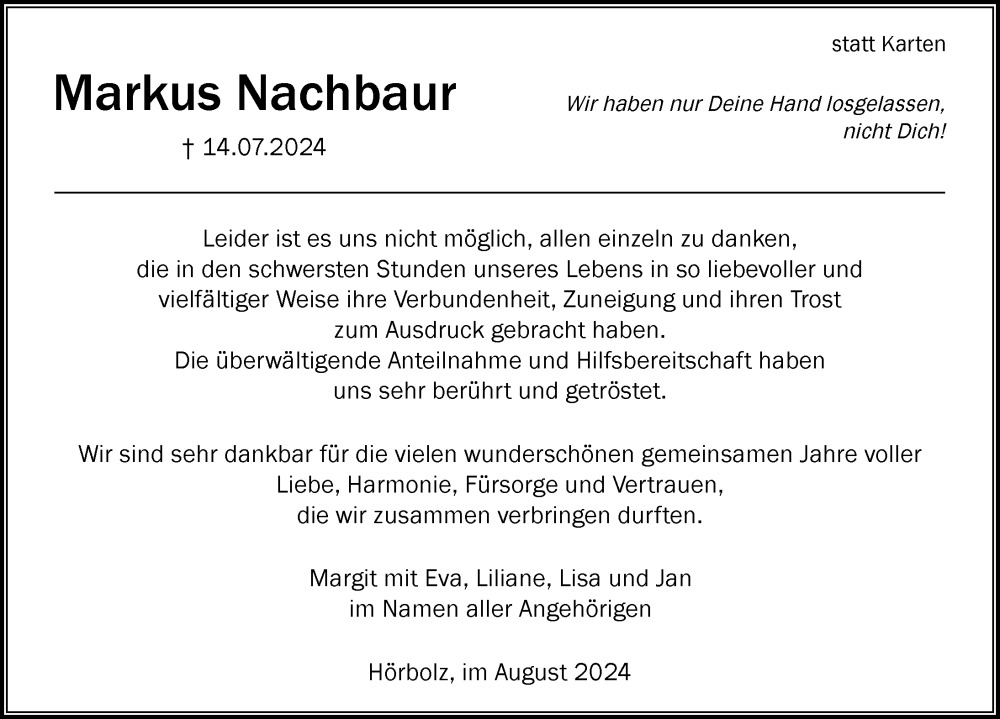  Traueranzeige für Markus Nachbaur vom 03.08.2024 aus Lindau