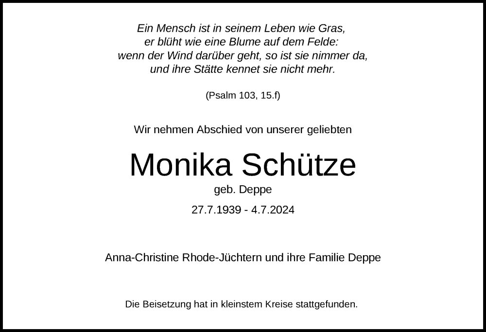  Traueranzeige für Monika Schütze vom 31.08.2024 aus Friedrichshafen