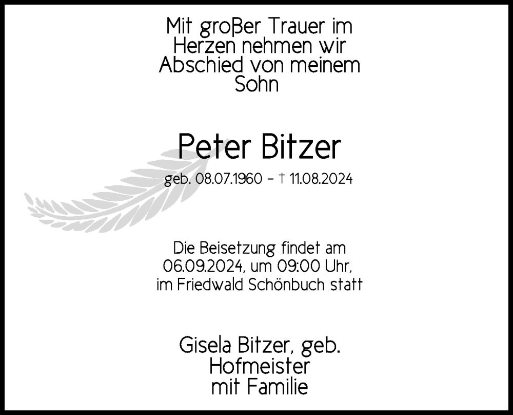  Traueranzeige für Peter Bitzer vom 31.08.2024 aus Balingen