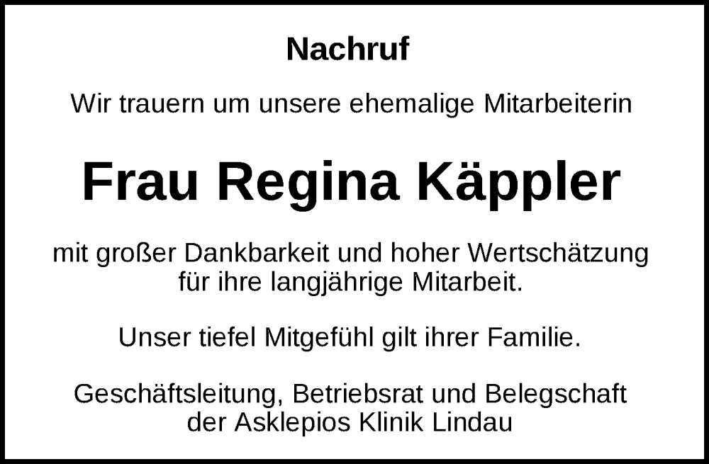  Traueranzeige für Regina Käppler vom 24.08.2024 aus Lindau